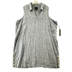Tahari Linen Shirt Dress Womens 3X Blue Sleeveless‎ Collared V-Neck Pullover